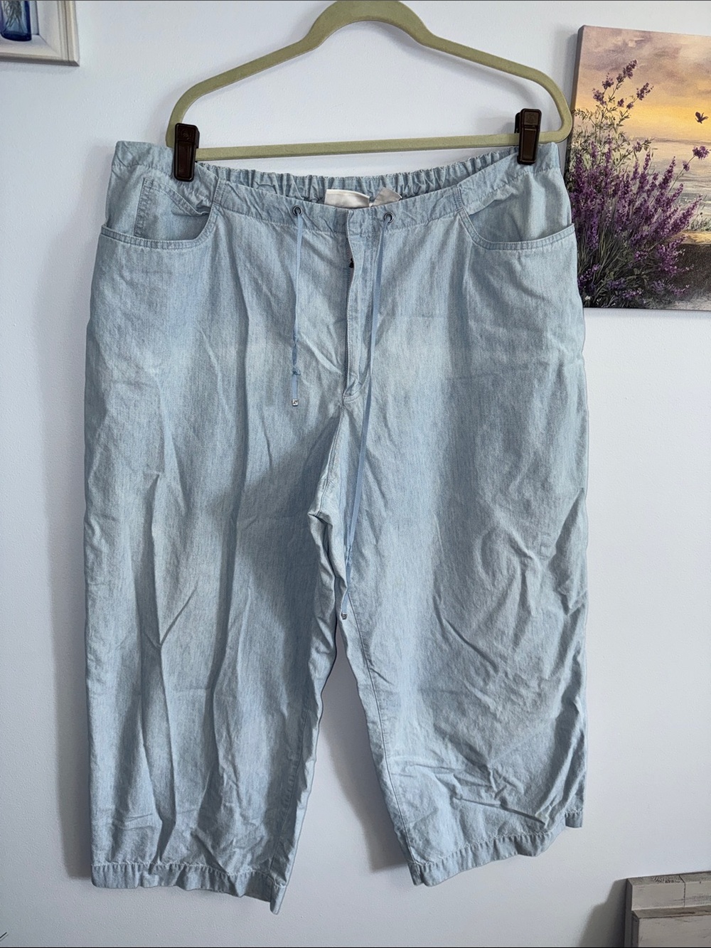 Light Wash Drawstring Denim -Wide leg high ankle- Pale Blue